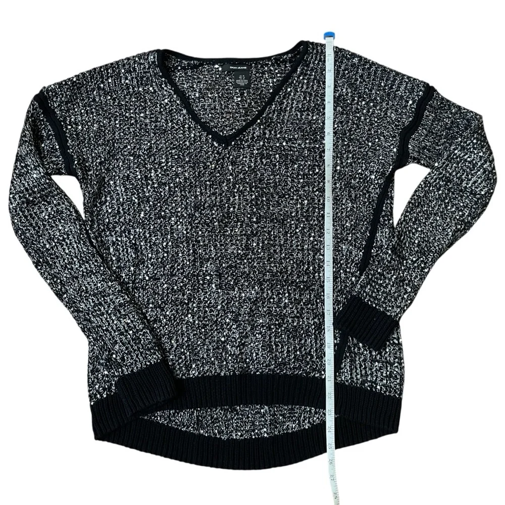 DKNY Jeans Black Grey Sequin Knit Sweater V-Neck Loose Metallic Sparkle Top M - Picture 7 of 9